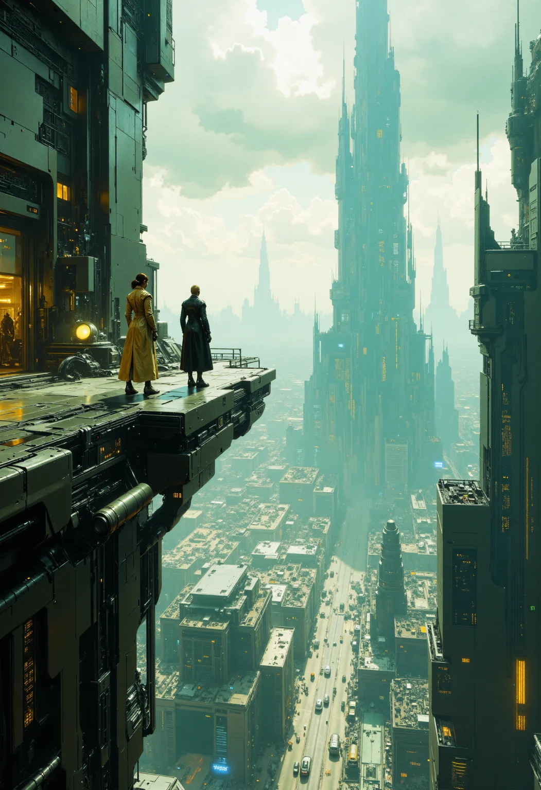 highest details, ultra hyper realism. highly detailed and realistic. intricate and highly professional artwork, an absolute masterpiece.
photograph, high angle, cityscape, highly futuristic architecture, aerial view, cloudy sky, sunlight, urban environment, advanced metallic and glass skyscrapers, high-tech design, detailed buildings, modern city, two people on an overhang balcony, women, beige and white leather coats, dark suit, long hair, distant city, cloudy background, intricate details, futuristic style, high contrast, high quality, sci-fi, panoramic view, serene atmosphere, urban landscape, architectural marvel, overhang structure, elevated balcony platform, clear sky, white clouds, large buildings, urban planning, expansive view, high aesthetic quality.
<lora:artilands_v02_epoch_6:1>