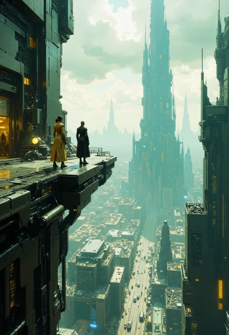 highest details, ultra hyper realism. highly detailed and realistic. intricate and highly professional artwork, an absolute masterpiece.
photograph, high angle, cityscape, highly futuristic architecture, aerial view, cloudy sky, sunlight, urban environment, advanced metallic and glass skyscrapers, high-tech design, detailed buildings, modern city, two people on an overhang balcony, women, beige and white leather coats, dark suit, long hair, distant city, cloudy background, intricate details, futuristic style, high contrast, high quality, sci-fi, panoramic view, serene atmosphere, urban landscape, architectural marvel, overhang structure, elevated balcony platform, clear sky, white clouds, large buildings, urban planning, expansive view, high aesthetic quality.
<lora:artilands_v02_epoch_6:1>