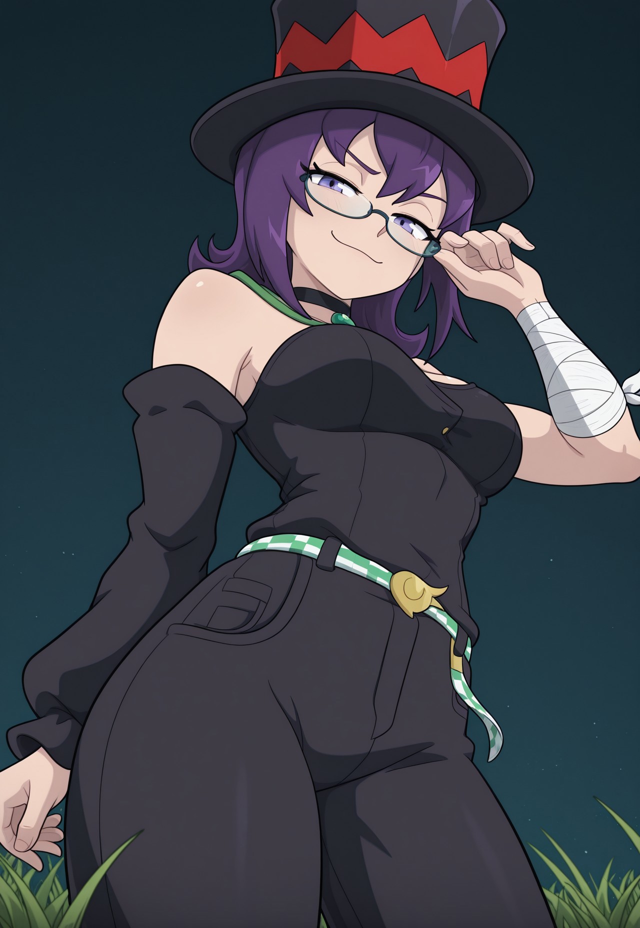 masterpiece, best quality, newest, absurdres, highres, Jade-Utopus, purple eyes, purple hair, medium hair, glasses, top hat, black clothes, bandage on one arm, black pants, belt, detached sleeves, black choker with green gem, solo, alone, outside, grass field, low angle, looking down at viewer, adjusting glasses, smug, 