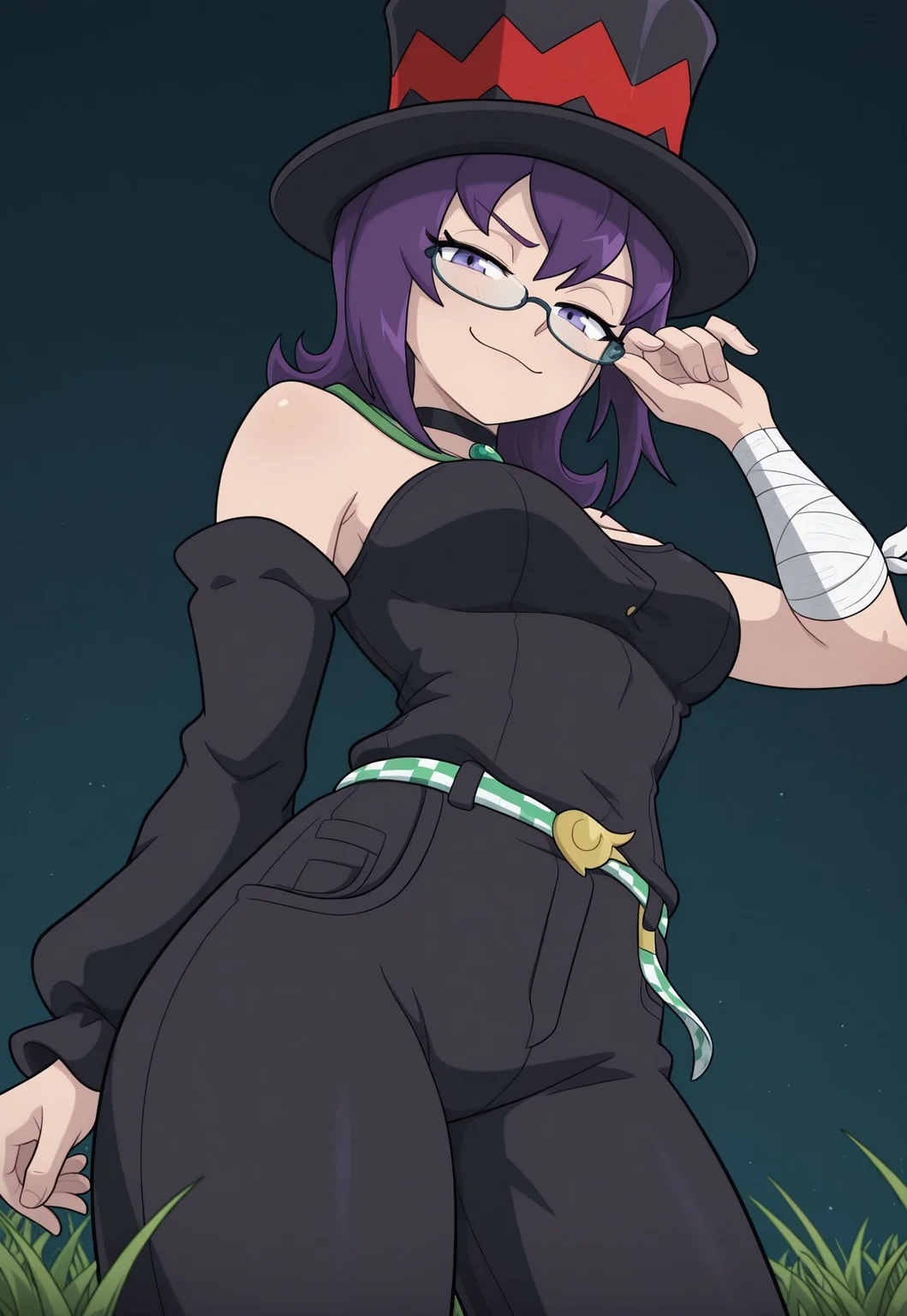 masterpiece, best quality, newest, absurdres, highres, Jade-Utopus, purple eyes, purple hair, medium hair, glasses, top hat, black clothes, bandage on one arm, black pants, belt, detached sleeves, black choker with green gem, solo, alone, outside, grass field, low angle, looking down at viewer, adjusting glasses, smug, 