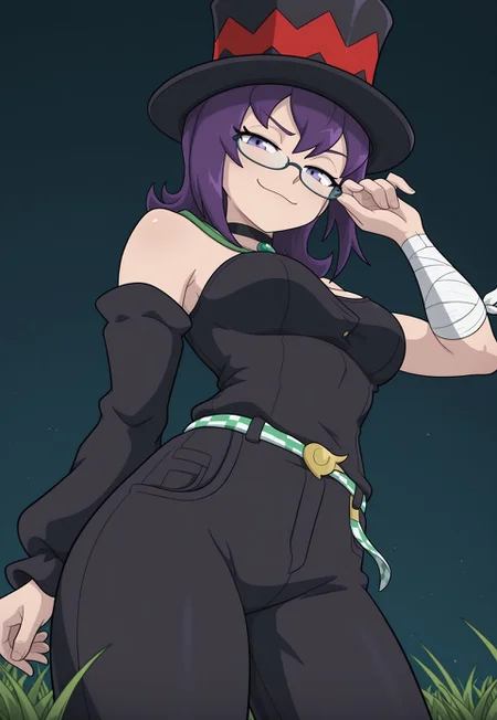 masterpiece, best quality, newest, absurdres, highres, Jade-Utopus, purple eyes, purple hair, medium hair, glasses, top hat, black clothes, bandage on one arm, black pants, belt, detached sleeves, black choker with green gem, solo, alone, outside, grass field, low angle, looking down at viewer, adjusting glasses, smug,