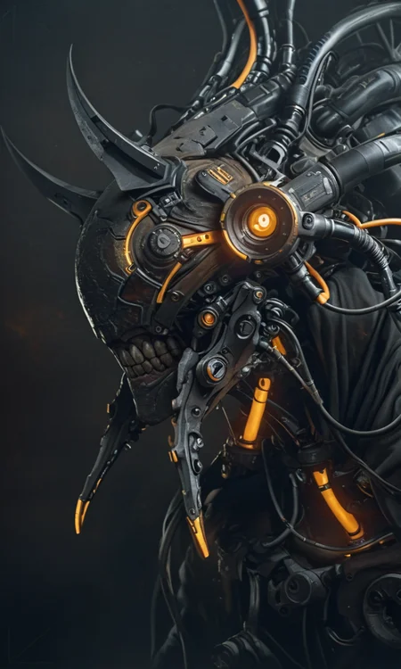 sharp and detailed.   intricate mechanical components glowing orange lights and a dark atmospheric background.  stylized approach..<lora:- iLL - the_edgy_mech_V2.0-step000013500:.8>