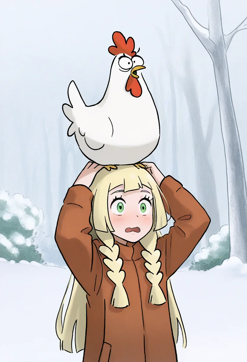 General, lillie \(pokemon\), blonde hair, green eyes, hands on own head, 
<lora:DHHL_v1_epoch_15:1.2>, DHHL, in winter, snow, tree, bush, chicken, chicken on the head, 
surprised, :o, wavy mouth, look overhead, (masterpiece:0.7), (best quality:0.7),