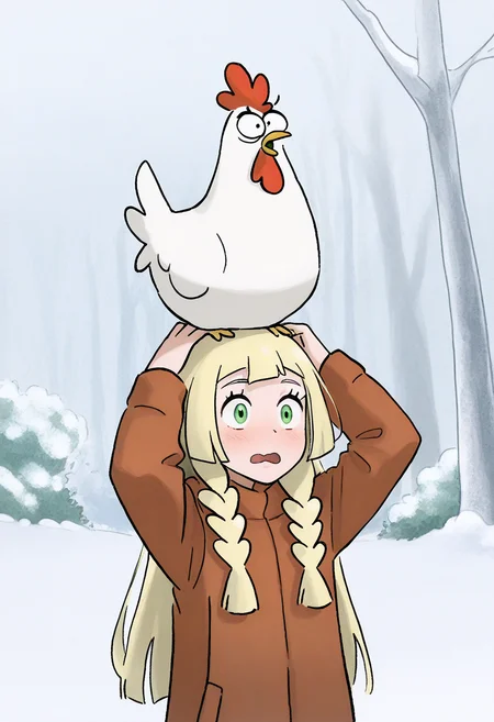 General, lillie \(pokemon\), blonde hair, green eyes, hands on own head,
<lora:DHHL_v1_epoch_15:1.2>, DHHL, in winter, snow, tree, bush, chicken, chicken on the head,
surprised, :o, wavy mouth, look overhead, (masterpiece:0.7), (best quality:0.7),