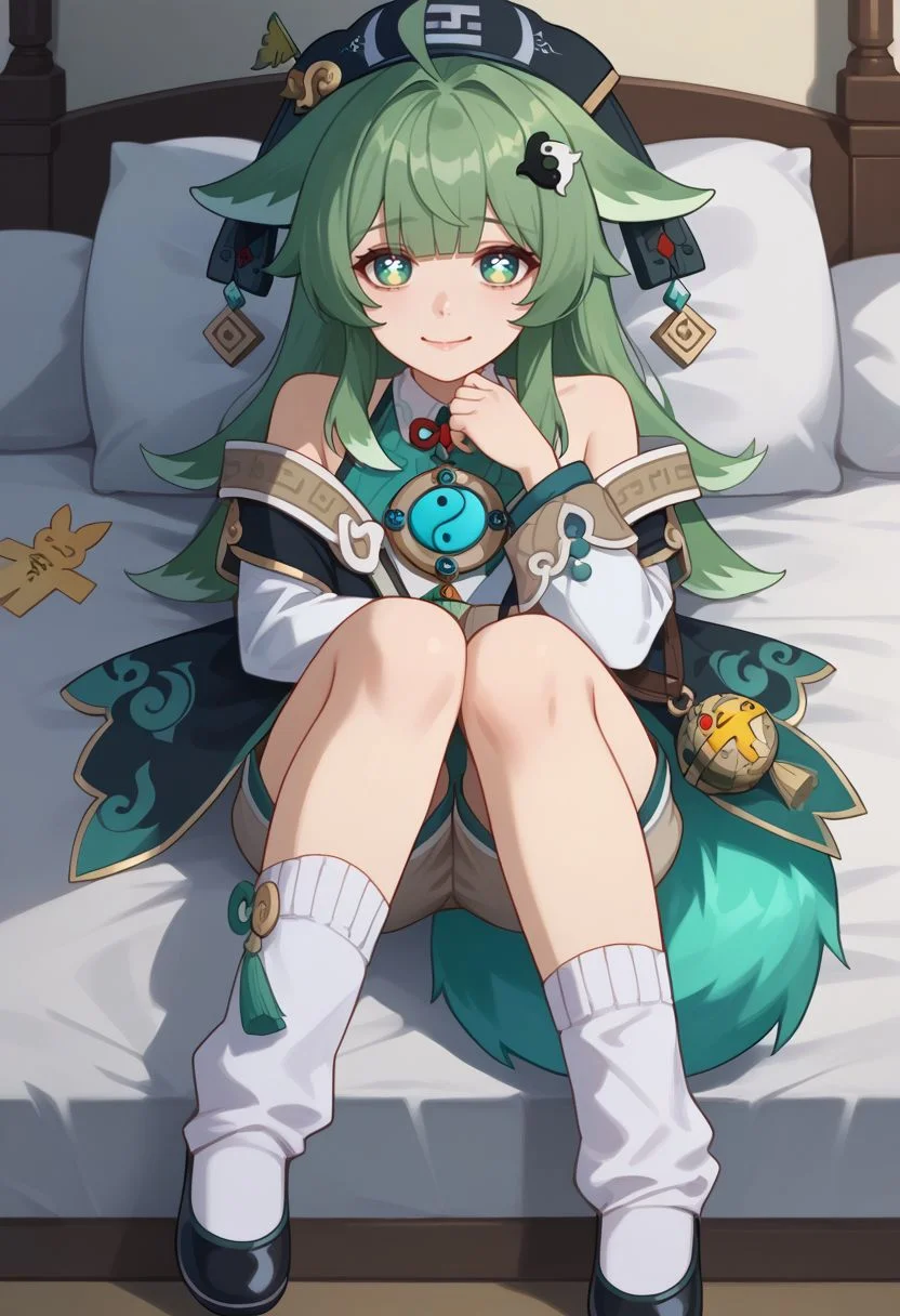 score_9, score_8_up, score_7_up, source_anime, 1girl, huohuodef, green eyes, symbol-shaped pupils, green hair, long hair, ahoge, fox girl, animal ears, fox tail, hair ornament, yin yang, hat, bare shoulders, detached sleeves, long sleeves, shirt, chinese clothes, shorts, white socks, shoes, black footwear, lying, on back, on bed, closed mouth, smile, looking at viewer, indoors, bedroom, pillow, on side, close-up, facing viewer, <lora:Huohuo_v1-000010:1>