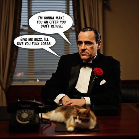 masterpiece, Best Quality, hyper Detailed Realistic Don Corleone from the godfather movie with a white dialogue balloon with the exact caption "I'M GONNA MAKE YOU AN OFFER YOU CAN'T REFUSE", another dialogue balloon shows "GIVE ME BUZZ, I'LL GIVE YOU FLUX LoRAs", wearing a black tuxedo with a Red Rose Boutonniere sitting at his office desk, a cat laying down on Don Corleone's lap, a window with blinds on the background, a black old dial telephone on his desk,looking at viewer, (Italian mafia movie theme:1.3), BREAK small head, Detailed face, looking viewer with calm demeanor, scene wide shot with Sony Fx6