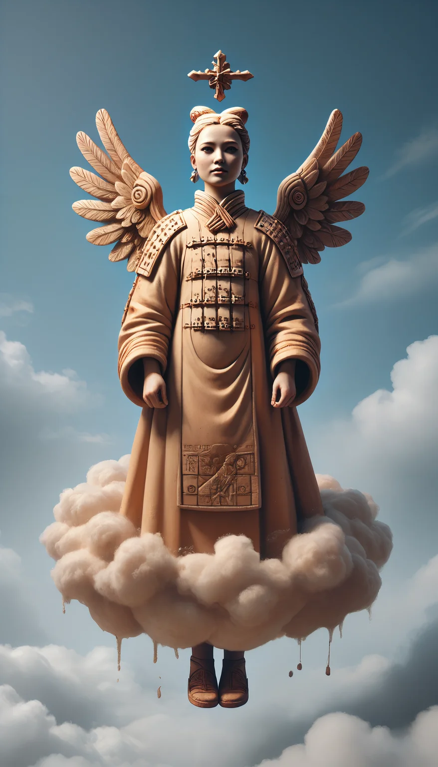 score_9, score_8_up, score_7_up, BREAK, made of terracotta, 1girl, solo, futuristic celestial angel floating above the clouds made of terracotta, (full body view:1.3)