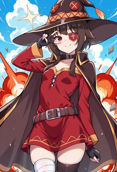 masterpiece, best quality, high quality, anime, <lora:AEMeguminIlx:1>AEMegumindef, red eyes, Brown hair, Belt choker, red dress, off-shoulder dress, Black gloves, fingerless gloves, Belt, mismatched legwear, asymmetrical legwear, bandaged leg, black thighhighs, knee boots, hat, eyepatch, Black cape,
v over eye, explosion, cowboy shot, debris, smile, outdoors,
