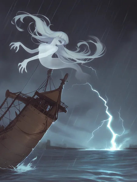 (ghost:1.2), (transparent:1.2), mermaid, floating, flying, solo, breasts, long hair, white hair, hime cut, no eyes, mouth open, screaming, sharp teeth, angry, (webbed hands:0.7), skeleton, indoors, wooden ship, ocean, night, storm, rain, lightning, dark clouds, mist, fog,
<lora:Aether_Ghost_v1.1_LoRA:1.0>, score_9, score_8_up, score_7_up,