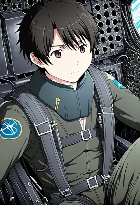 high resolution, solo, best quality, 1Boy, Inaho Kaizuka, Black Hair, Pilot, Cockpit, OverallDetail