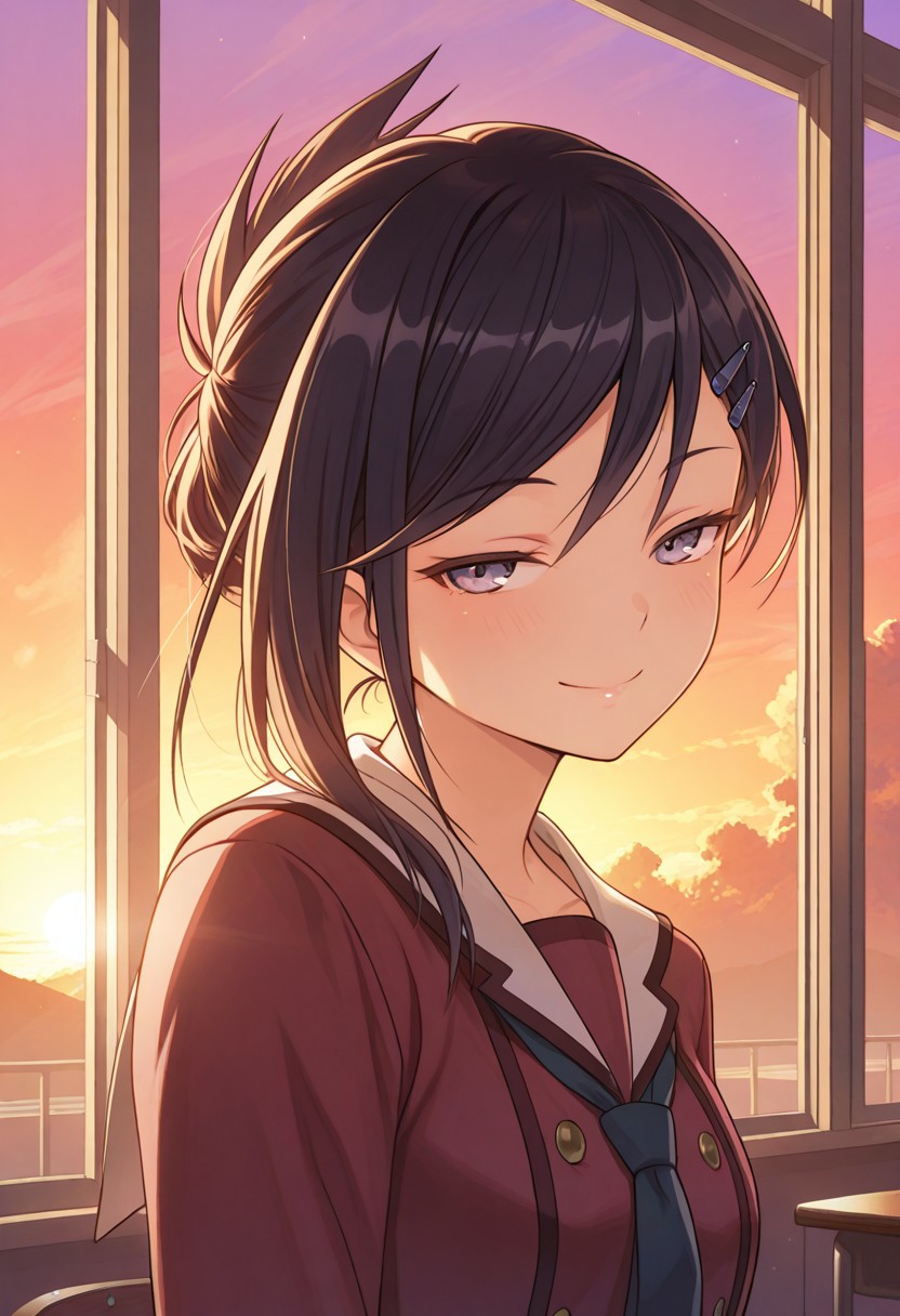 , solo , Inobatlestyle, masterpiece, best quality, absurdres, very aesthetic, solo, classroom , from up, sunset, sunsets light, kudoumirei, 1girl, half-closed eyes , kudou_mirei_inou, Looking curious , smile