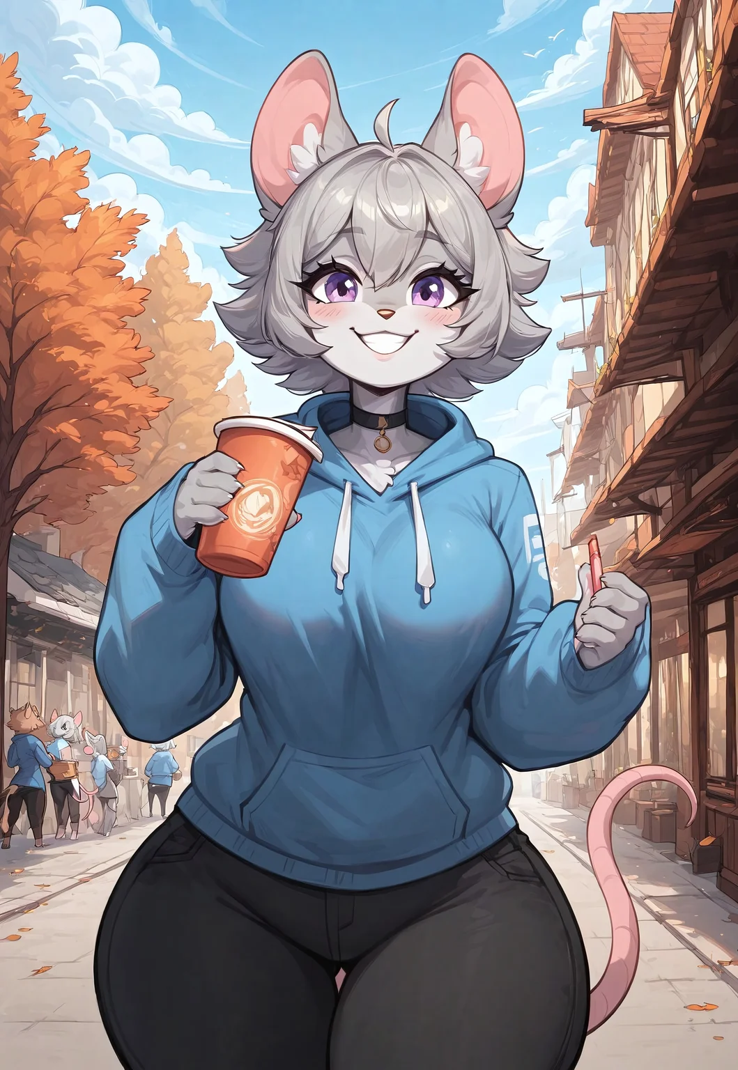 masterpiece, score_9_up, score_8_up, score_7_up, score_6_up, source_furry, (best quality:1.1), ultra-detailed, high resolution, highly detailed macro illustration, duo BREAK 1girl, mddkuStyle, furry female, anthro mouse, grey fur, grey hair, mouse tail, animal ears, bottom heavy, wide hips, thick thighs, (happy expression, cute face:1.1), blush, blue hoodie, choker, (holding coffee cup, straw) BREAK buildings, anthros in the background, sleeves past wrists, black pants, autumn, looking at you, smile, soft natural light BREAK Highly Visible, sharp focus, perfect lighting, anatomically correct, extremely detailed, high detail, Expressiveh, OverallDetail, zPDXL3