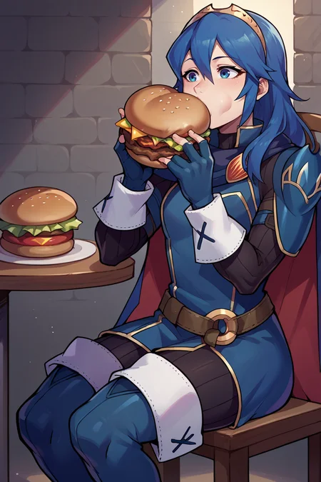 score_9, score_8_up, score_7_up, score_6_up, source_anime BREAK 1girl, solo <lora:lucina-pdxl-nvwls-v1-000005:1> defLuci, long hair, tiara, cape, shoulder armor, blue tunic, long sleeves, cuffs, blue scarf, fingerless gloves, belt, pants, sitting, table, chair, holding a huge burger, eating, happy, thigh boots
