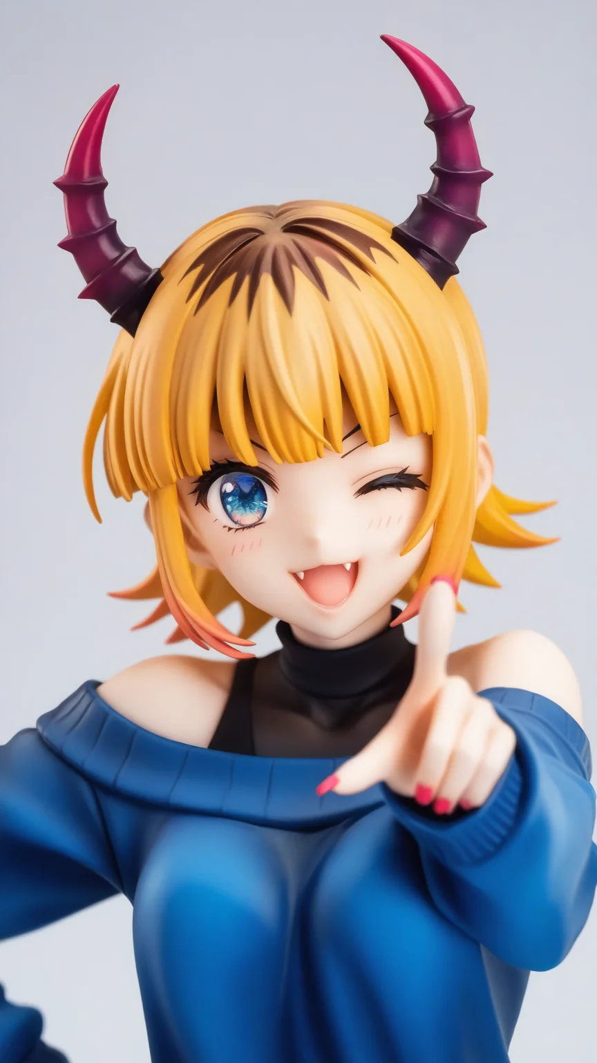 (score_9,score_8_up,score_7_up),source_anime,
1girl,demon_horns,solo,upper_body,fang,blonde_hair,multicolored_hair,short_hair,roots_\(hair\),highres,:3,black_shirt,blue_eyes,blue_sweater,commentary,covered_collarbone,grey_background,long_sleeves,looking_at_viewer,memcho,nail_polish,off_shoulder,one_eye_closed,open_mouth,pink_nails,pointing_at_self,simple_background,sleeveless_shirt,,<lora:oshi_no_ko:1>,