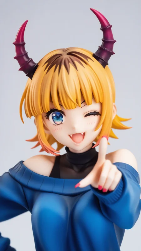 (score_9,score_8_up,score_7_up),source_anime,
1girl,demon_horns,solo,upper_body,fang,blonde_hair,multicolored_hair,short_hair,roots_\(hair\),highres,:3,black_shirt,blue_eyes,blue_sweater,commentary,covered_collarbone,grey_background,long_sleeves,looking_at_viewer,memcho,nail_polish,off_shoulder,one_eye_closed,open_mouth,pink_nails,pointing_at_self,simple_background,sleeveless_shirt,,<lora:oshi_no_ko:1>,