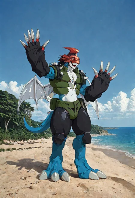 score_9, score_8, score_7, Paildramon, spikes, claws, tails, 4 wings, waving arms, beach, happy
