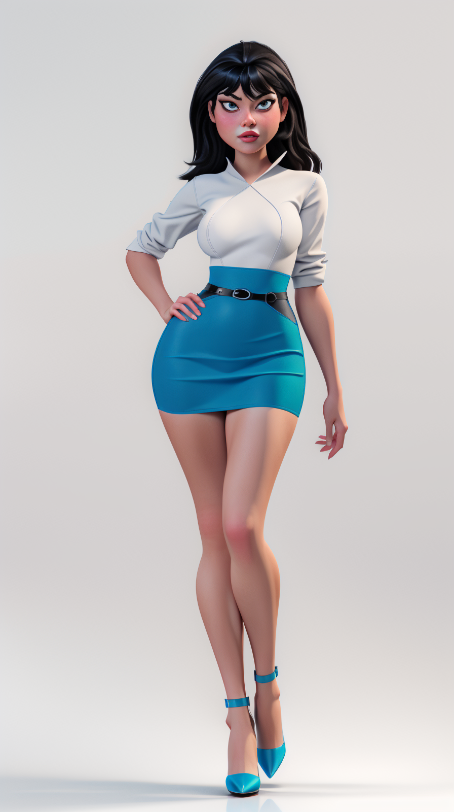high detailed, masterpiece <lora:Bruc3T1mm:1> 1girl cartoon character in a light blue dress and high heel shoes, black hair, perfect hands, big breast, wide hips, thick thighs, ultra realistic digital art, a 3D render, photorealism, clean scene, white background, white wall, shinny floor, white floor
