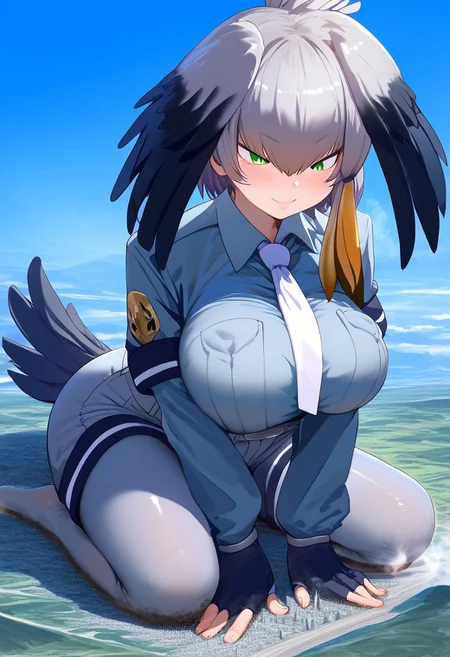 Safe_pos, score_9, score_8_up, score_7_up, detailed face, best quality, 1girl, solo, masterpiece, detailed background, beautiful, detailed eyes, mature female, giantess, macro
side view, lien,
sh0ebill, bird wings, bird tail, head wings, green eyes,
grey shirt, collared shirt, wing collar, white necktie, breast pocket, short over long sleeves, black gloves, fingerless gloves, bodystocking, grey shorts, belt, grey pantyhose,
pin up pose, sitting on ground, hugging knees, breast squish, light smile, narrowed eyes, blush, breast expansion, tight shirt, 
long river, skyline, cityscape, destroyed cityscape,  earthquake, fire, steam, fog, craters