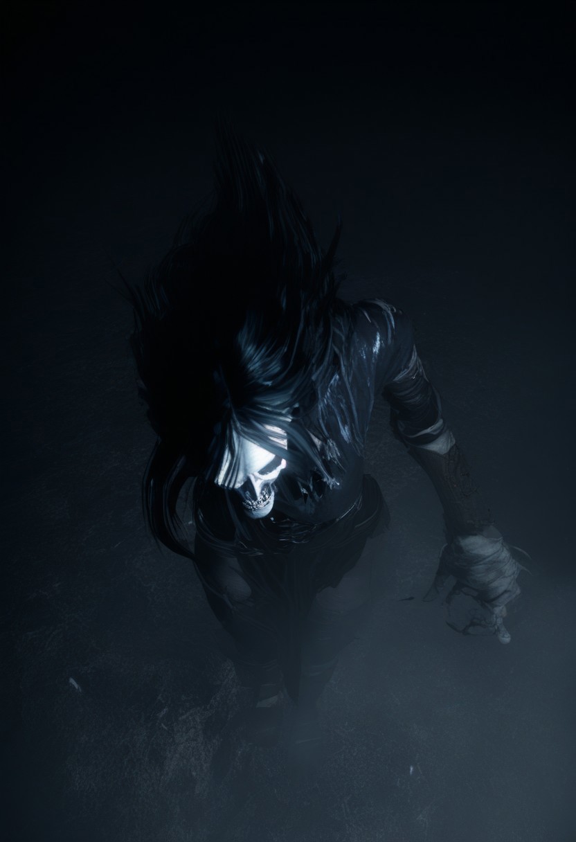1girl, undead girl from world of warcraft, white long hair, whitish eyes, very pale skintone, scars, bones sticking out of the flesh from above, angry expression, dramatic pose, torn fantasy clothes, faded clothes, flat color, dark theme, fog, dim white light from behind, dramatic light. full body shot