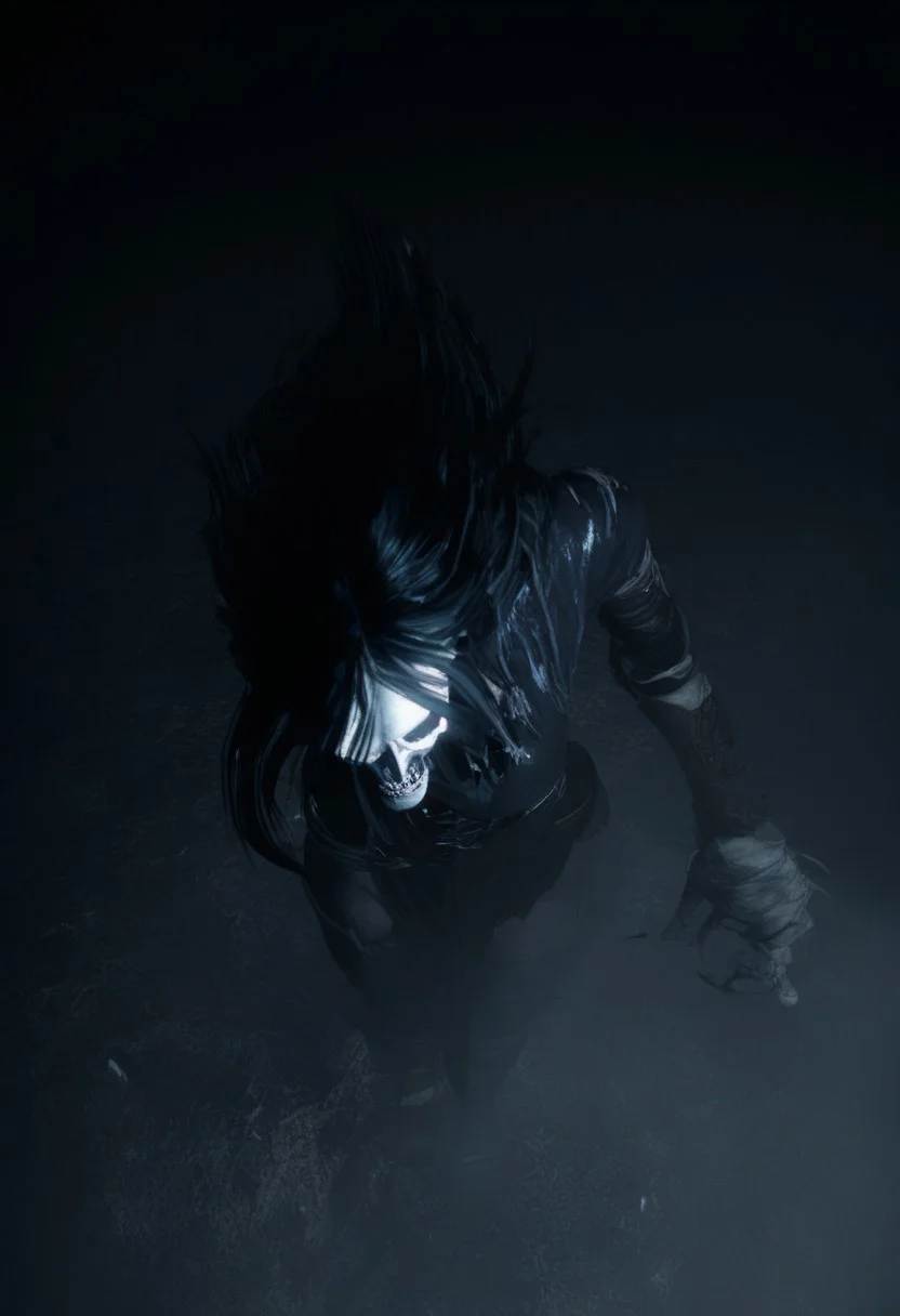 1girl, undead girl from world of warcraft, white long hair, whitish eyes, very pale skintone, scars, bones sticking out of the flesh from above, angry expression, dramatic pose, torn fantasy clothes, faded clothes, flat color, dark theme, fog, dim white light from behind, dramatic light. full body shot
