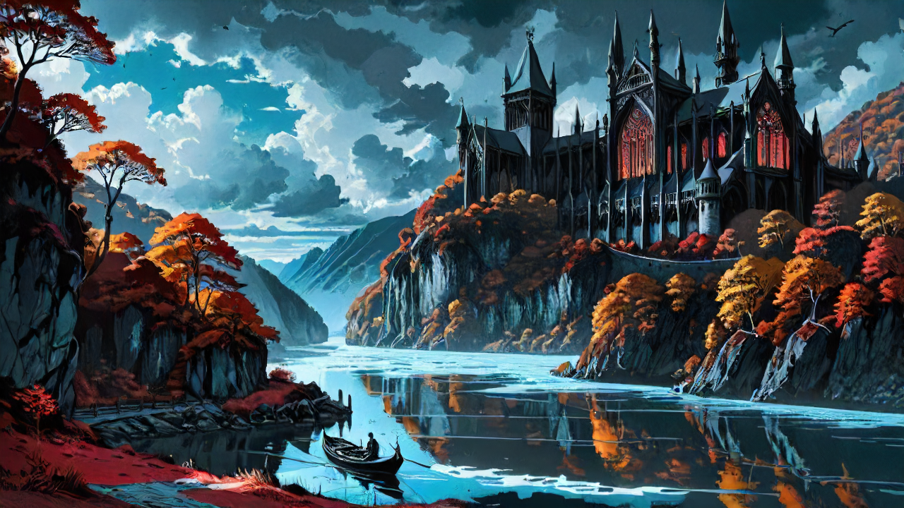 fantasy, anime key visual, landscape of a wide river used by keelboats, Fall, Cold Lighting, Selective focus, Infrared, key visual, <lora:HorrorAI:0.61> gothichorrorAI, located artistic, intricate artistic color, exquisite color, fine detail, cool colors, warm light, grand illumination