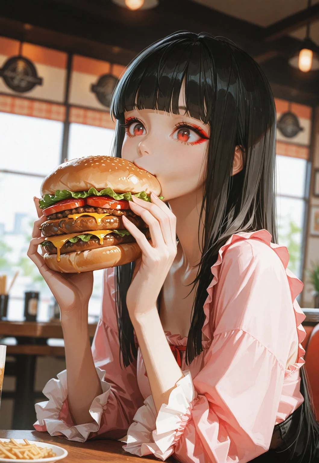 masterpiece, ultra-HD, cinematic lighting, photorealistic, impressionism (1.5), high detail, depth of field, (blurred background), (dramatic lighting),masterpiece, best quality, usnr,very aesthetic,8k,half close-up, sexy pose, long black hair, straight hair,blunt bangs, red eye makeup, asian girl, small head, pretty girl, korean girl,
((slim body)), wearing pink top,frilly sleeves, in a restaurant, eating a hamburger, very happy,big hamburger