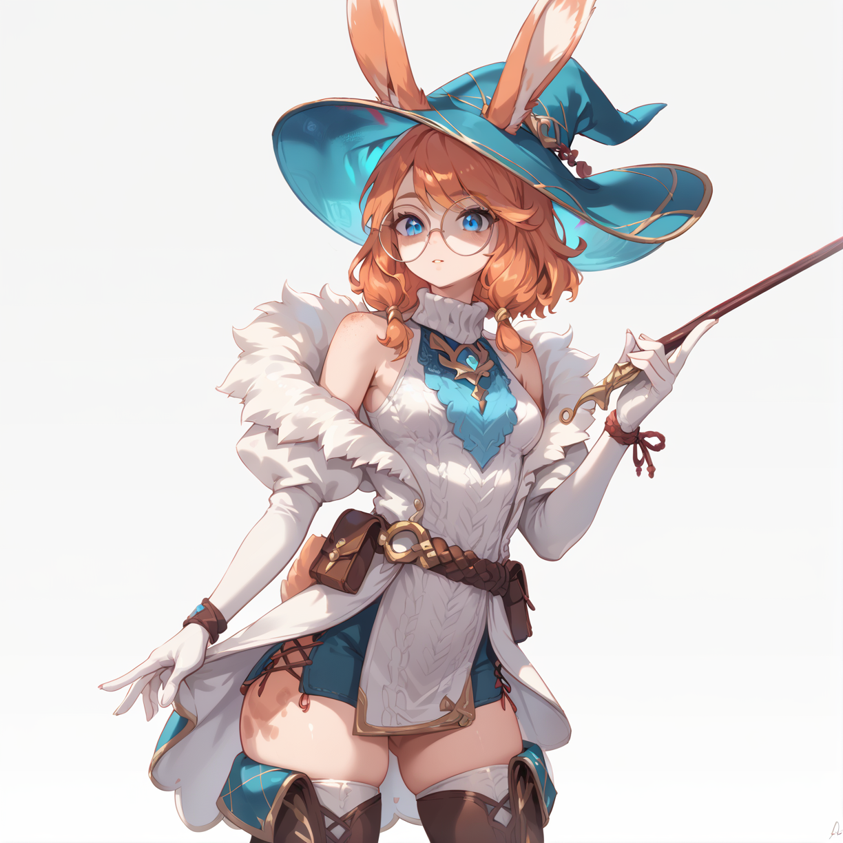 score_9, score_8_up, score_7_up, simple background, standing, upper body, 
1girl, auroralol, blue eyes, animal ears, rabbit tail, hat, round eyewear, elbow gloves, thigh boots,
<lora:auroralol_pony_v2:0.8>