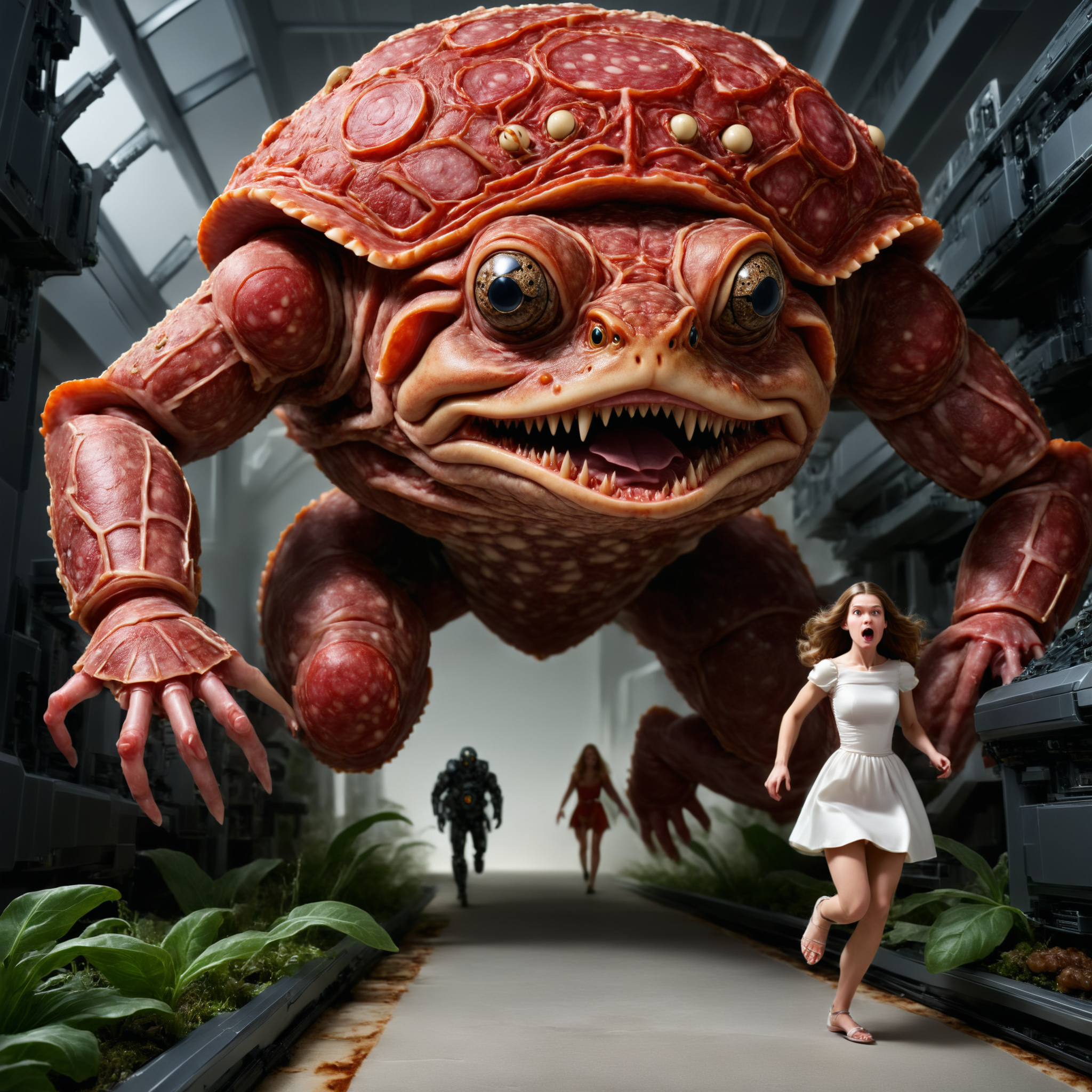 photo of a beautiful princess being chased by a huge terrifying cybernetic giant toad,  detailed face, horror, ziprealism
<lora:dvr-slm:1> dvr-slm