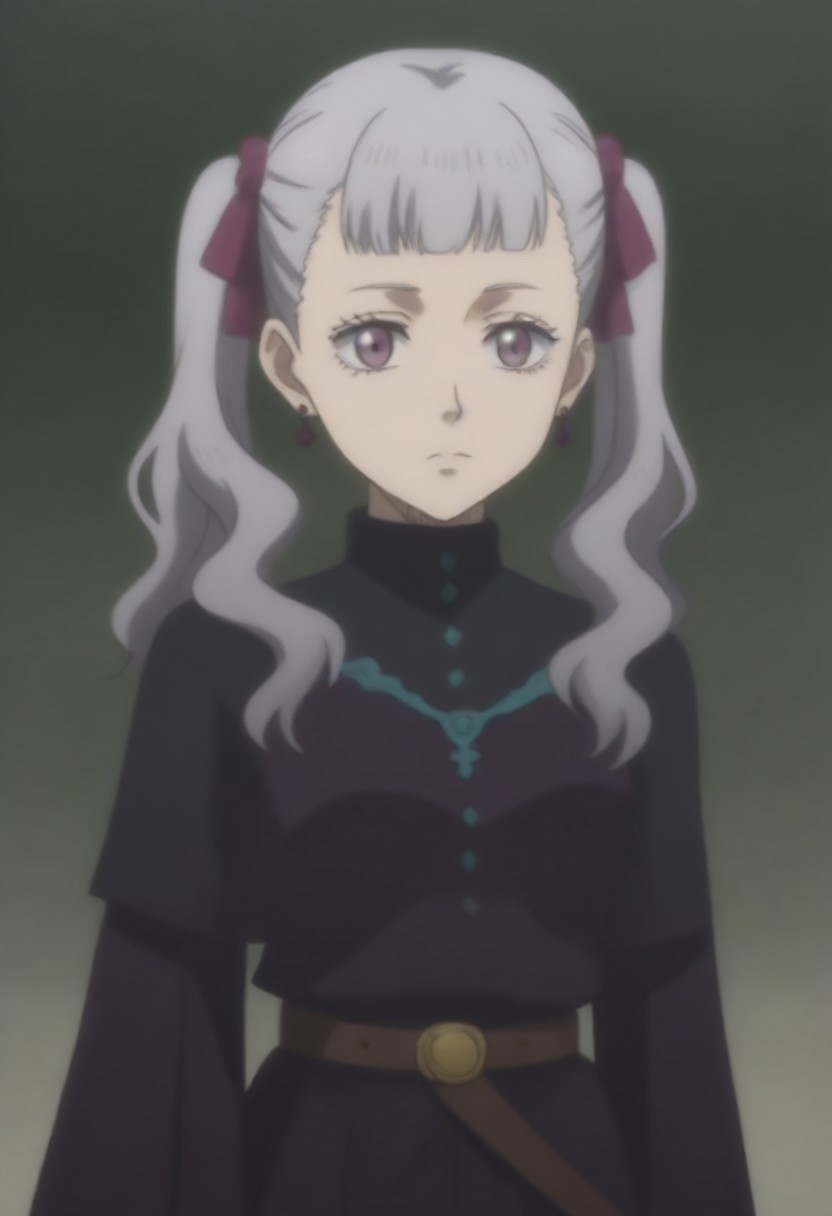source_anime, anime screencap, source_anime, auratheguillotine, anime screencap, masterpiece, source_anime, shiny skin,,,,,,<lora:noellesilva-pdxl-nvwls-v1-000005:1> noelle silva, grey hair, purple eyes, twintails, hair ribbon, black capelet, green strap, white and purple dress, long sleeves, belt,