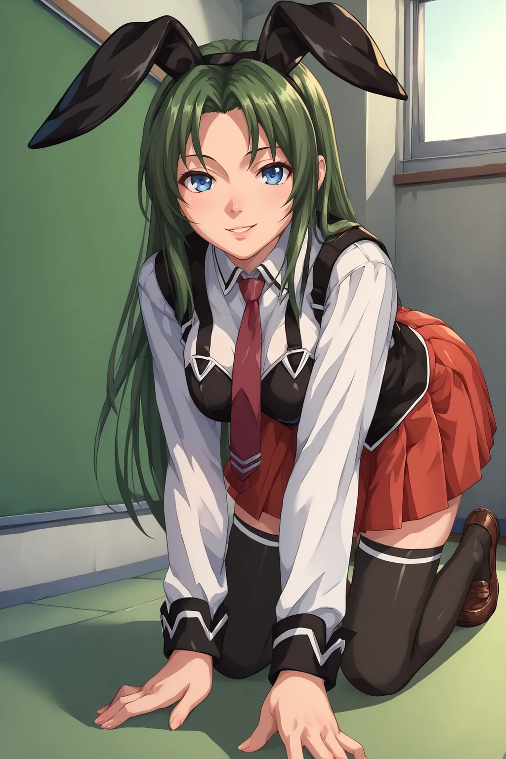 score_9, score_8_up, score_7_up, score_6_up, BREAK, MikaItoBBXL, blue eyes, green hair, long hair, parted bangs, black rabbit ears, medium breasts, school uniform, black vest, strap, white shirt, red necktie, red skirt, black thighhighs, brown shoes, solo, all fours, seductive smile, looking at viewer, indoors <lora:MikaItoBBXL:1>