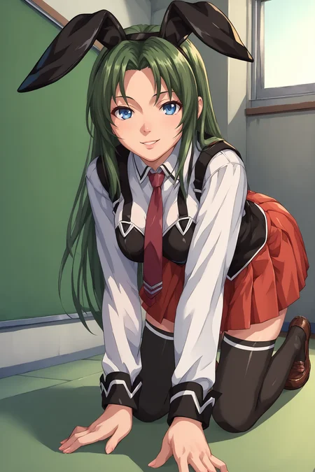 score_9, score_8_up, score_7_up, score_6_up, BREAK, MikaItoBBXL, blue eyes, green hair, long hair, parted bangs, black rabbit ears, medium breasts, school uniform, black vest, strap, white shirt, red necktie, red skirt, black thighhighs, brown shoes, solo, all fours, seductive smile, looking at viewer, indoors <lora:MikaItoBBXL:1>