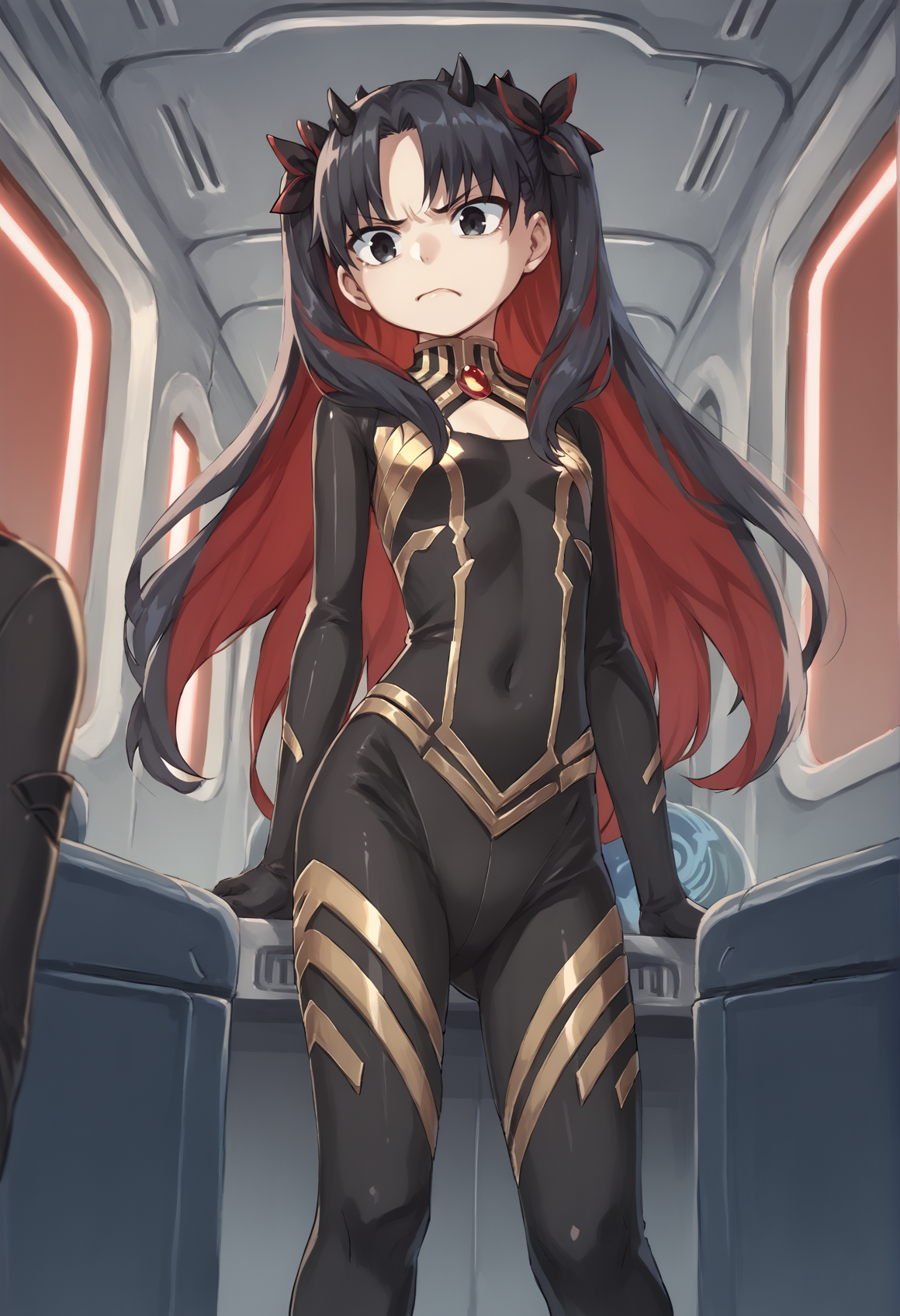 1girl, long hair, multicolored hair, twintails, two-tone hair, black hair, red hair, hair bow, two side up, black eyes, horns, black bodysuit, clothing cutout, crossed belts, disgust, indoors, spacecraft interior, red lights, disgust <lora:Ishtarin:0.8> <lora:mashima_hiro xl:1>, score_9, score_8_up, score_7_up, score_6_up, score_5_up, score_4_up, BREAK source_anime, masterpiece