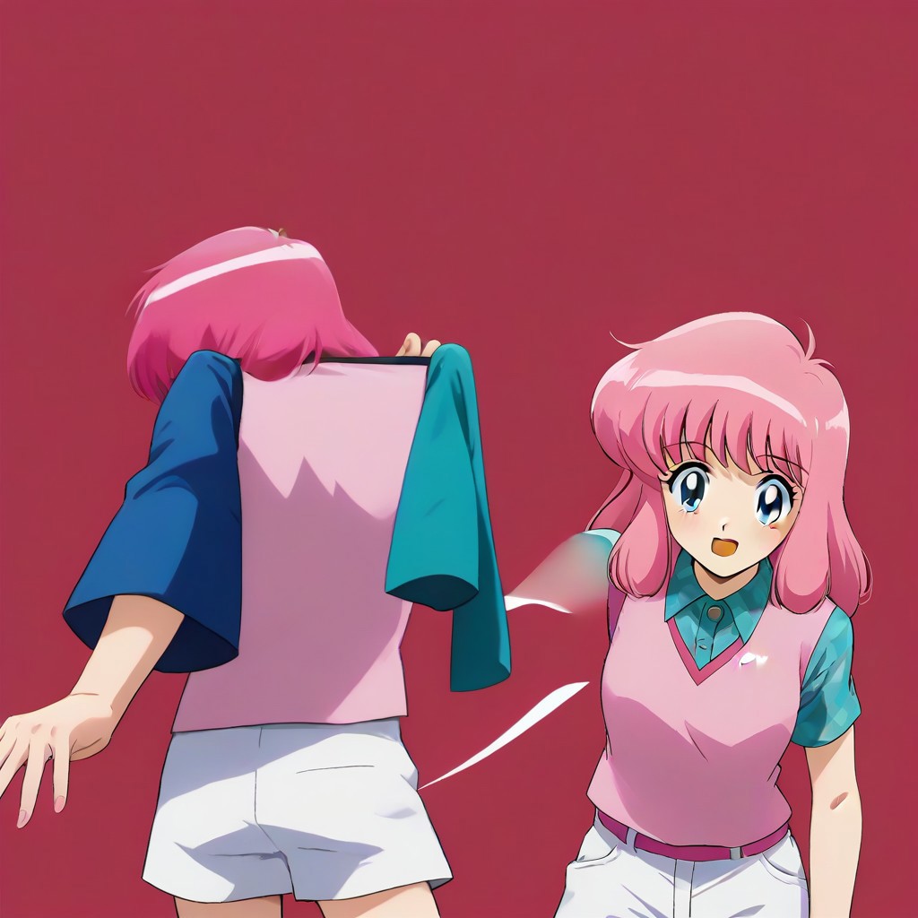 Nakajima Noriko, pink hair with bangs, blue eye, wearing a pink vest over a blue-green checkered shirt, white shorts,,