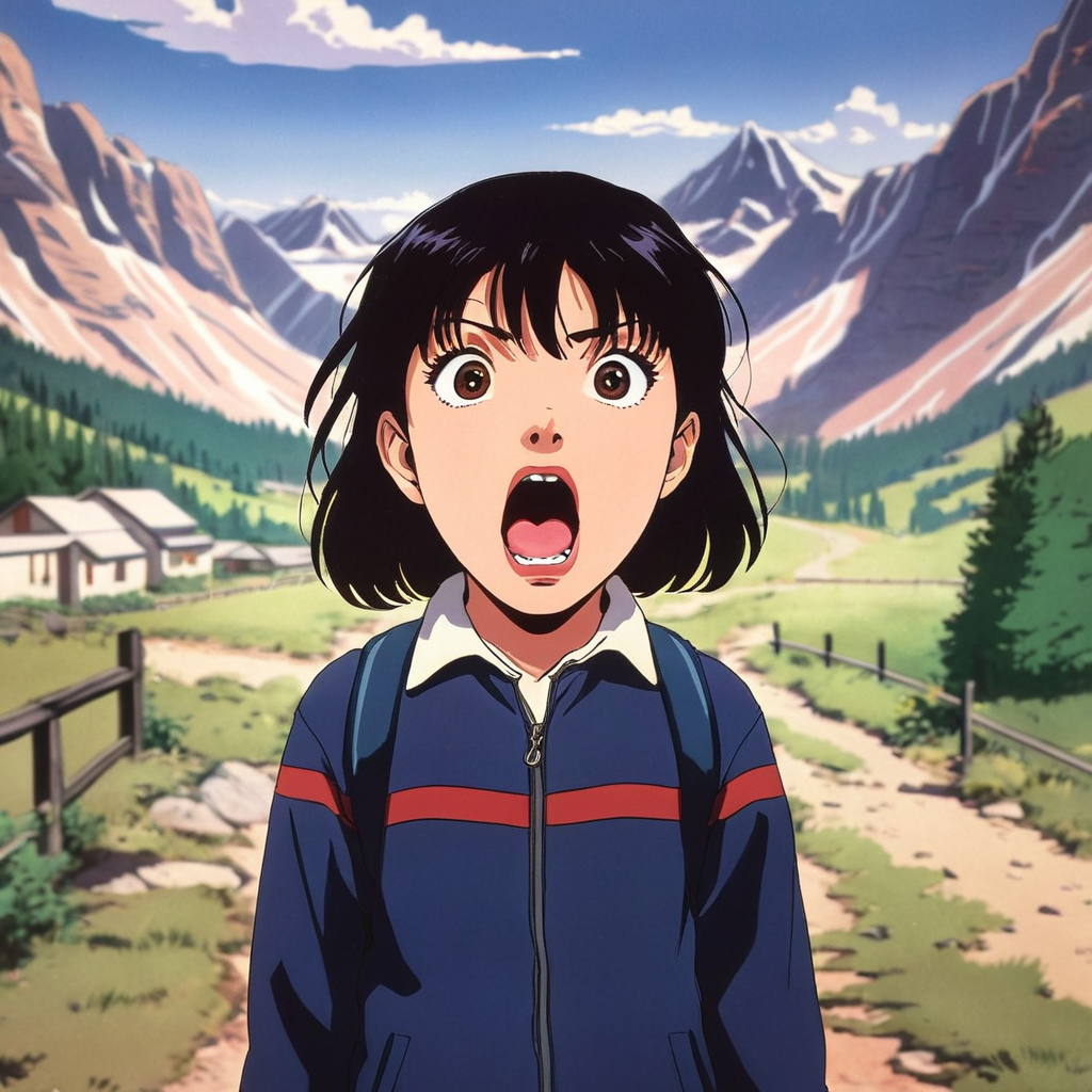 anime artwork of  <lora:perfection style:0.5> <lora:detailed:0.5> perfection detailed
 <lora:The Shining film style:0.9> In cartoon
In the 1980's in the Colorado Rocky Mountains a screaming scared young child with a very big open mouth,1girl,solo,looking at viewer,short hair,open mouth,black hair,teeth,black eyes,portrait,realistic,horror (theme) , cinematic, film, kodak, The Shining film style, anime style, key visual, vibrant, studio anime,  highly detailed