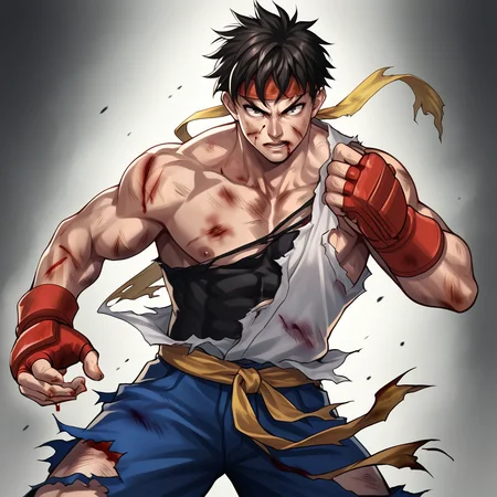 score_9,score_8_up,score_7_up,score_6_up,source_anime,rating_safe, 1boy, solo, Ryu Street Fighter, <lora:Battle_Damage:0.8> battledamage,torn clothes, solo, blood, injury, bruises, zPDXL2,