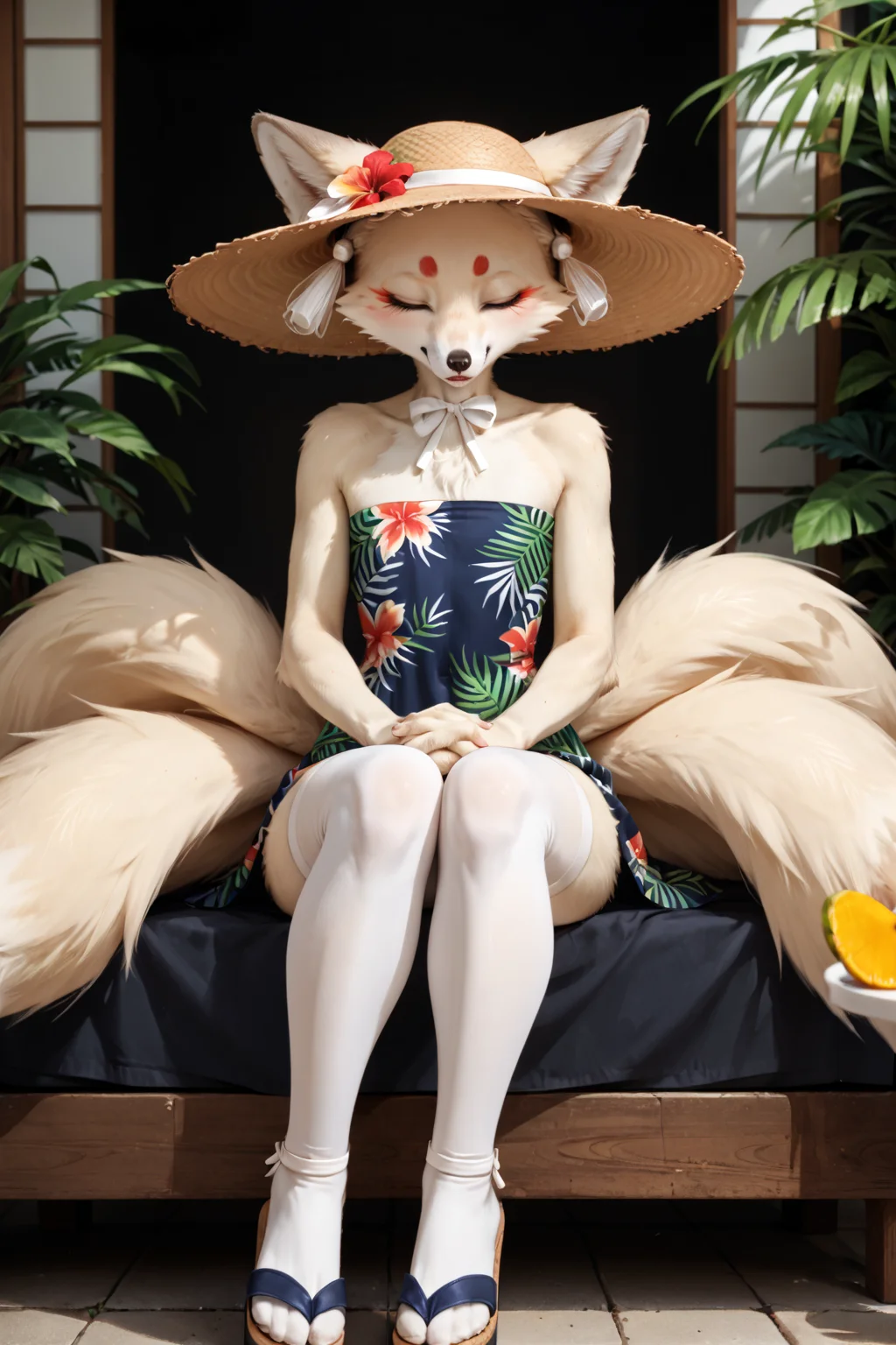 photography \(artwork\), hi_res, score_9, score_8_up, score_7_up, score_6_up, score_5_up, score_4_up, realistic ,BREAK, <lora:Expressive_H:0.8> Expressiveh, <lora:Miki - JellyEnvy's Oc v2:0.7> Miki, anthro, female, fox, (white fur, white body), flat chested, slim, eyes closed, kemono, thick thighs, wide hips, multi tails, thigh highs, Tropical Paradise: Tropical print dress, floppy hat, and wedge sandals., Sitting with legs crossed hands resting on knees