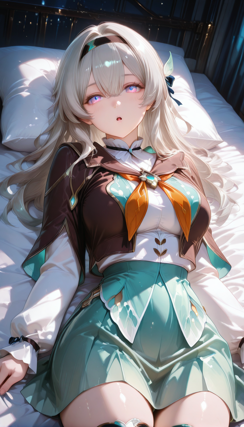<lora:LCMTurboMix_Euler_A_fix:1> <lora:example_SDXL:0.3>, EZRealPONYXL, <lora:Dramatic Lighting Slider:3> <lora:realistic filter [IL]:1>
DSLR,realistic,cosplay photo, (very awa,masterpiece,best quality,year 2024,newest,absurdres,highres:1), realistic,skin texture,facial features, photography shot with Canon EOS 5D Mark IV , realistic, RAW, best quality, masterpiece, amazing quality, skin details,
1girl, highly detailed beautiful face, large natural breasts,
detailed background, shiny skin, dutch angle, night, moonlight,
beautiful detailed eyes, intricate details, absurdres, anime screencap,
 <lora:Hotaru_HonkaiStarRail_ILXL_kill0825:1>
HSHotaru, 1girl, solo, long hair, breasts, looking at viewer, open mouth, blue eyes, shirt, large breasts, skirt, long sleeves, thighhighs, ribbon, hair between eyes, jacket, purple eyes, white shirt, grey hair, hair ribbon, sidelocks, thighs, pleated skirt, hairband, lying, black thighhighs, on back, :o, blue skirt, neckerchief, pillow, zettai ryouiki, bed, on bed, hair intakes, black hairband, blue ribbon, green skirt, cropped jacket, brown jacket, multicolored eyes, aqua skirt, orange neckerchief, blue pupils, blush, hair ornament, bow, medium breasts, hair bow, cowboy shot, collared shirt, indoors, pink eyes, miniskirt, black jacket, bed sheet, crossed bangs, green thighhighs, brown capelet, two-tone eyes