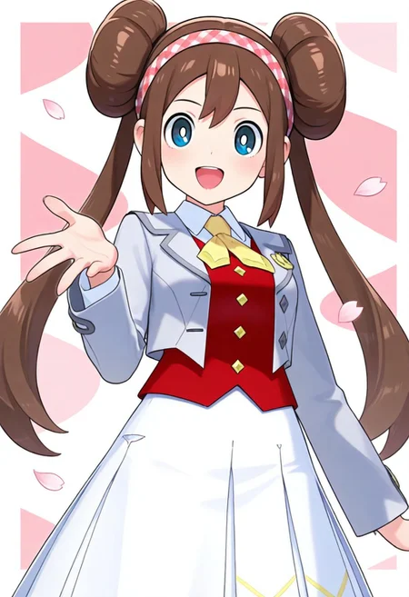 2d, masterpiece, best quality, amazing quality, 1girl, solo, close-up, smile, looking at viewer, simple background, multicolored background, pink shades, sakura petals, cowboy shot, acrosa, def colors, blue eyes, white pupils, brown hair, double bun, twintails, red hairband, light grey jacket, open jacket, white shirt, collared shirt, long sleeves, red vest, buttons, yellow ascot, white skirt