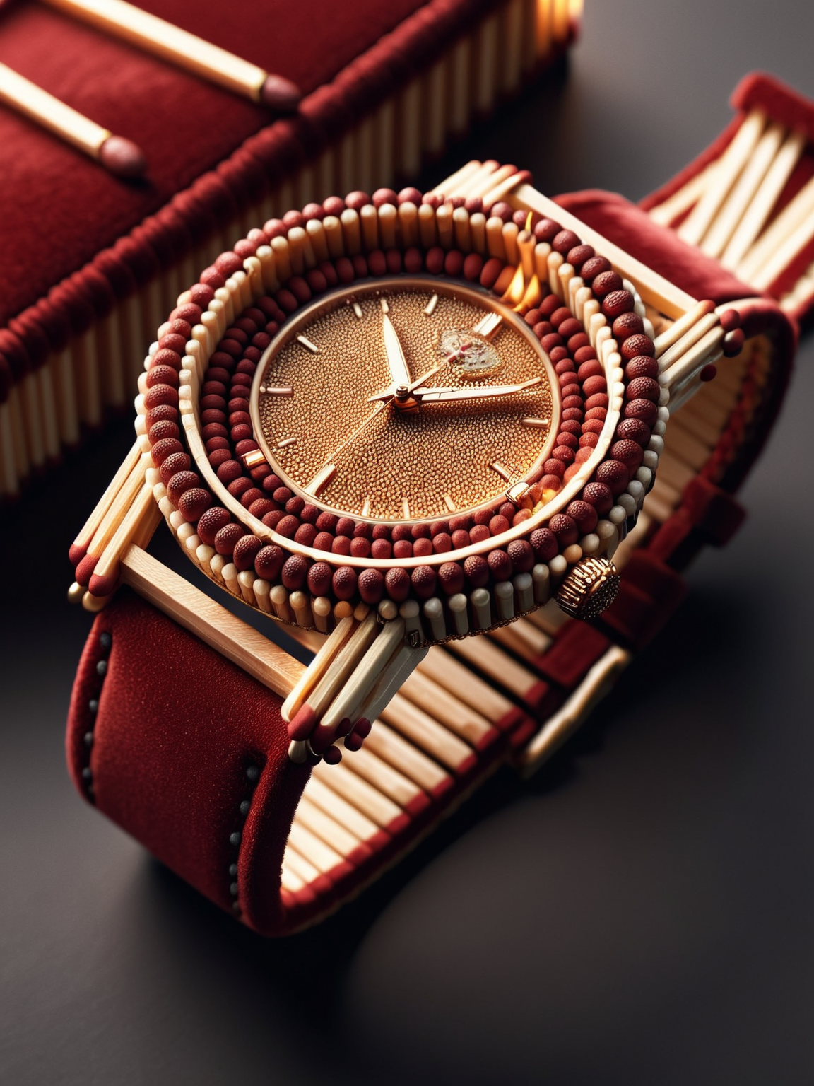 An elegant and intricate ais-matches wristwatch, beautifully crafted, on a dark red velvet cushion <lora:Matches_Style_SDXL:1>