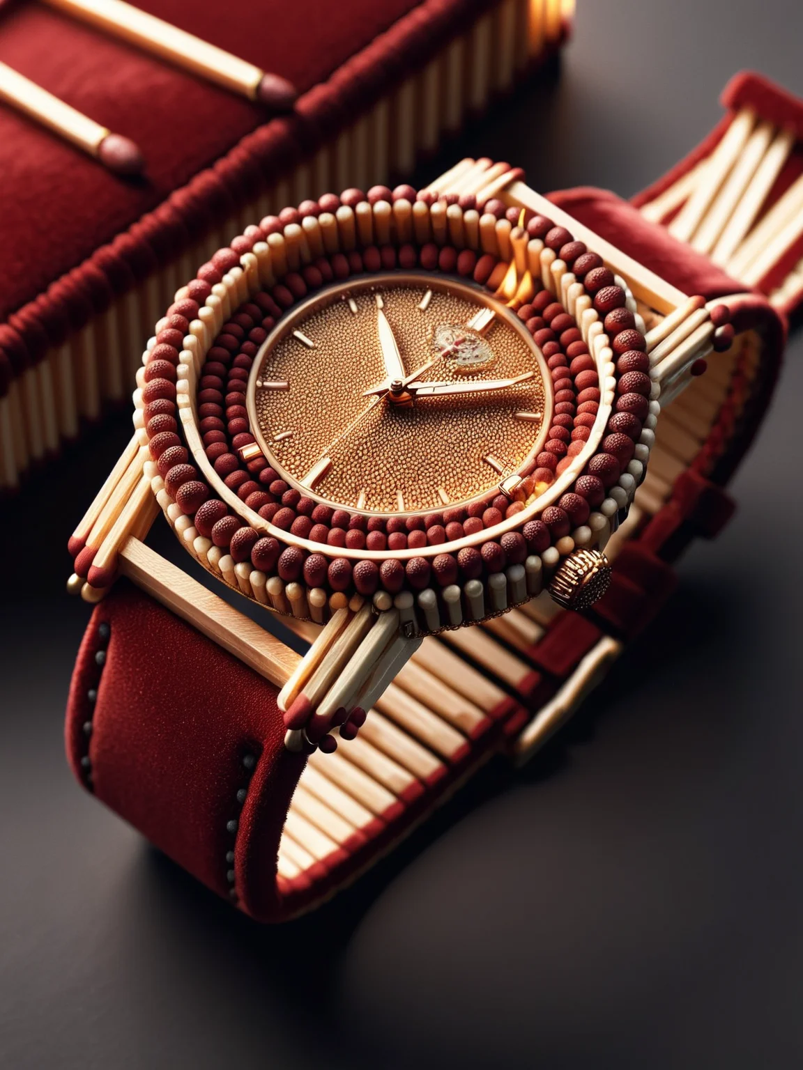 An elegant and intricate ais-matches wristwatch, beautifully crafted, on a dark red velvet cushion <lora:Matches_Style_SDXL:1>
