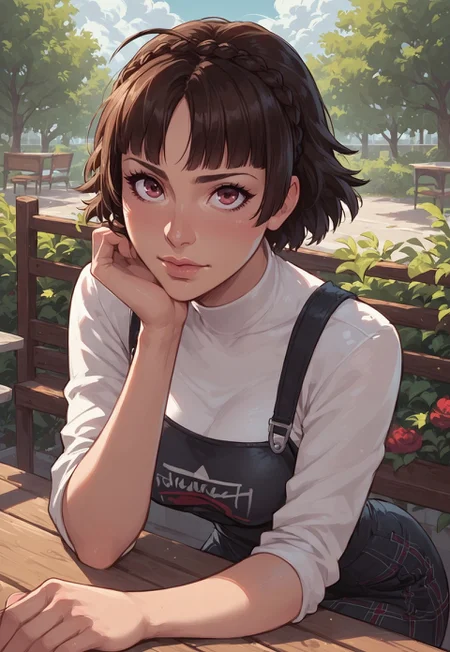 (score_9, score_8_up, score_7_up),1girl, solo, Makoto Niijima, persona 5,in character, clothed, leaning forward, pov view,sitting down, looking up,pretty brown eyes,looking at viewer, light makeup,expressive, detailed background, day, outside, restaurant bench, rolling hill scenery, (volumetric lighting), vivid colours, face focus, resting face on hands,