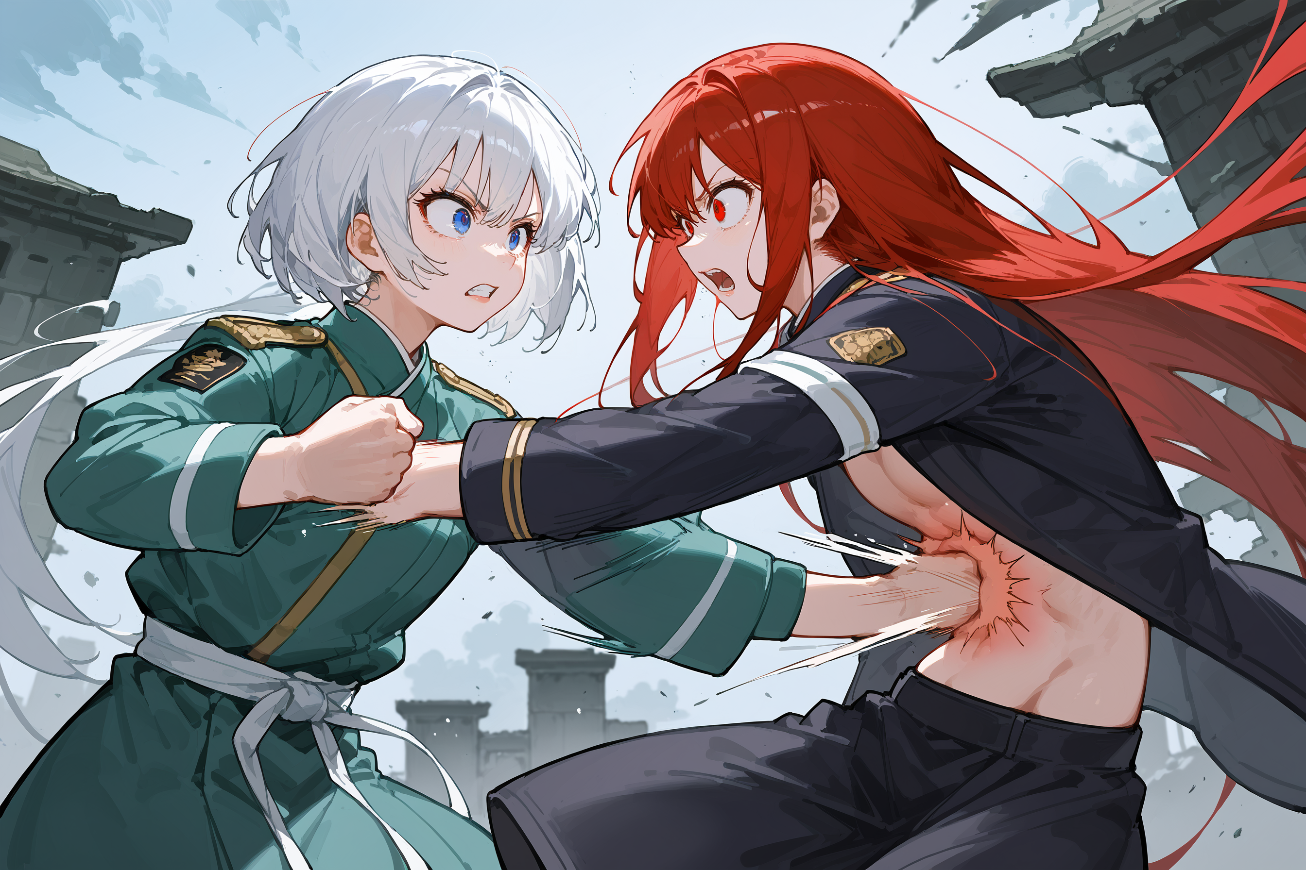 (score_9, score_8_up, score_7_up) BREAK source_anime,2girls,1girl with red eyes and white hair,bob cut,wearing japanese clothes,kimono BREAK other girl with blue eyes and red hair,very long hair,wearing military uniform,white hair girl (punching,belly punching:1.2) red hair girl,upper body,fighting stance,outdoors,ruins,battle field,<lora:belly_punching_v1:1>,
