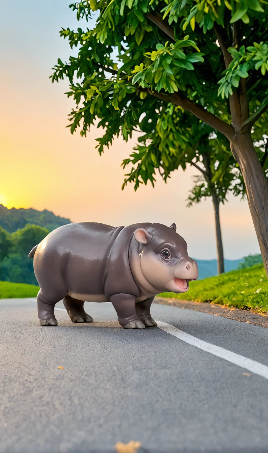 <lora:Pony_BTT_MOODENG_v01:0.8>moodeng, chibi, (no human:1.2), animal, hippo, solo, side view, looking at viewer, (open mouth:1.4), face focus, diorama, scenery,
cloudy sky, morning light, road, tree,
<lora:LCMTurboMix_Euler_A_fix:1><lora:EnvyZoomSliderXL01:1>
