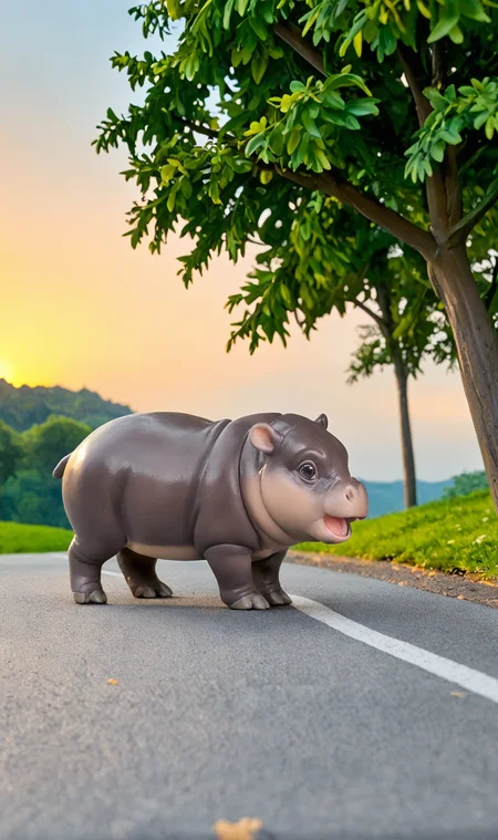 <lora:Pony_BTT_MOODENG_v01:0.8>moodeng, chibi, (no human:1.2), animal, hippo, solo, side view, looking at viewer, (open mouth:1.4), face focus, diorama, scenery,
cloudy sky, morning light, road, tree,
<lora:LCMTurboMix_Euler_A_fix:1><lora:EnvyZoomSliderXL01:1>