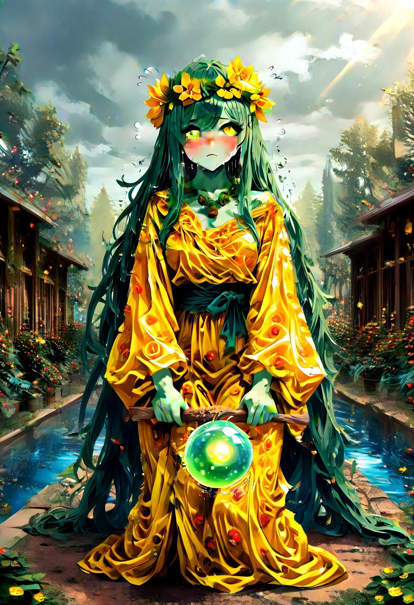 score_9,score_8_up,score_7_up,score_6_up,score_5_up,1girl, source_anime,20yo,mallow_(pokemon),pokemon,green_hair, green_eyes,curvy,wooden armored shoulder,dress made of wood,wooden hair accessories,wooden wall,greenhouse,glass house,conservatory,taiga forest in background,oil painting in background,wooden pot,blackberry bush,(dirt field),moss on bricks,clouds,(statues),(painted rocks),(floral crown),(beaded necklace),hair accesories,flower pattern,(vines),dress,holding wooden staff,long skirt,long dress,yellow dress,glowing eyes, (long nails),flower on hair,huge flowers,gold robes,(ice),flags,(wide hips),thick thighs,thick legs,(hand sign),(perfect hands), stone road,glowing brown orb,gold flowers,sunrays,symbols, tongue,happy,(steamy breath),(motion lines:1.4),drunk,sweat, ((drunk bubbles)),(trembling lines:1.4),(flying sweatdrops:1.4), masterpiece,best_quality,newest,absurdres,best shadow,light particles,highly detailed background,amazing quality,detailed face,highly detailed skin,very detailed clothes,emphasis lines, (very aesthetic),speed lines,high quality,best lighting,detailed eyes,dynamic angle,green aura,water,<lora:add-detail-xl:2>, glowing flying roses,r0535,dress is made entirely from rose,4k