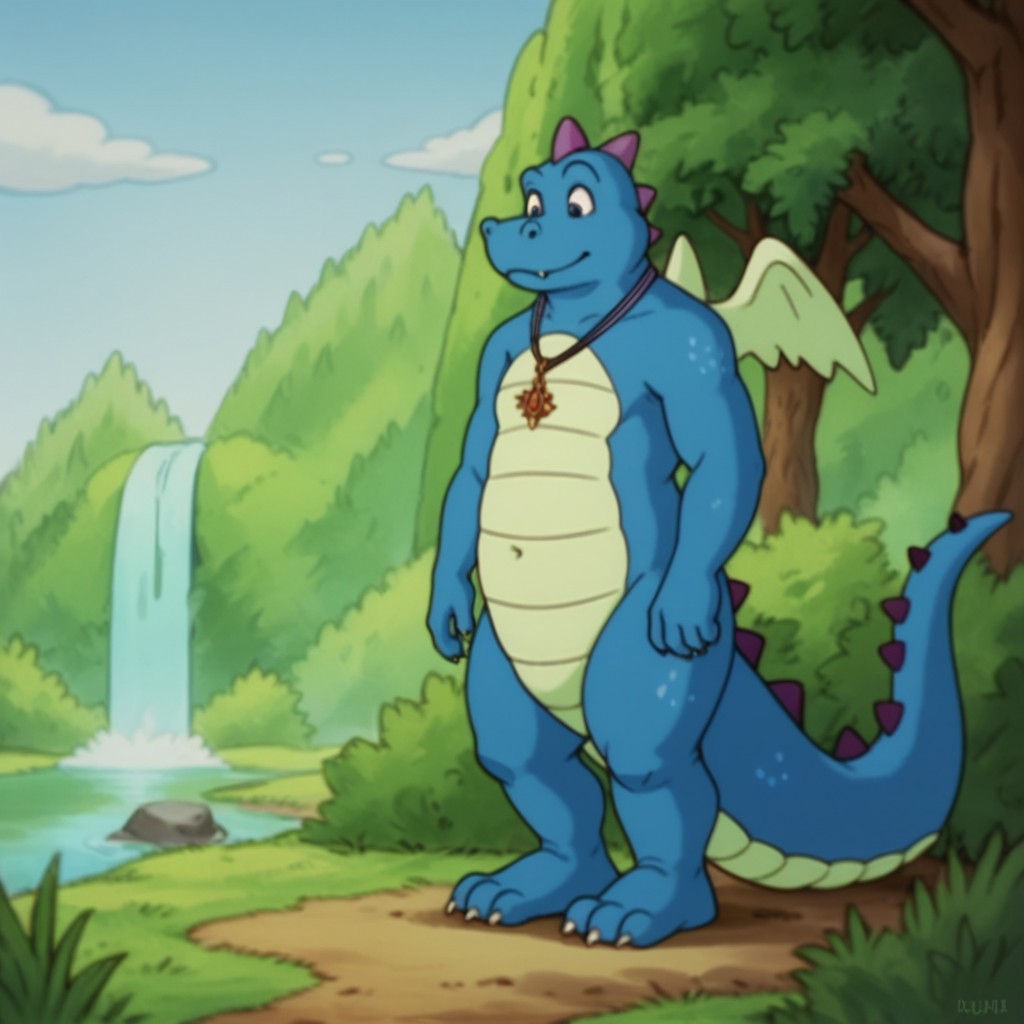 score_9, score_8_up, score_7_up, score_6_up, score_5_up, score_4_up, source_furry, OrdDT, semi-anthro, male, dragon, blue skin, wings, jewelry, necklace standing, outside, lake, waterfall,