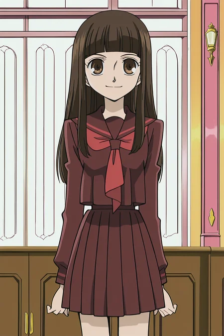 anime screencap, anime coloring, detailed face, perfect fingers, masterpiece, best quality, very aesthetic, absurdres, volumetric lighting,
<lora:Haruhi_Fujioka_and_Renge_Houshakuji_Ouran_High_School_Host_Club:1>
in a classroom,
Haruhi Fujioka (character), 1girl, solo, brown hair, brown eyes,
Haruhi blue and red school uniform with long hair outfit, long hair, school uniform, serafuku, blunt bangs, pleated skirt, kneehighs, cowboy shot,
girl directly facing the viewer, girl looking at the viewer, devious smile, mouth open, grinning girl, amused face,
traditional media, Ouran High School Host Club anime art style, official anime artwork, retro artstyle, 2000s anime look