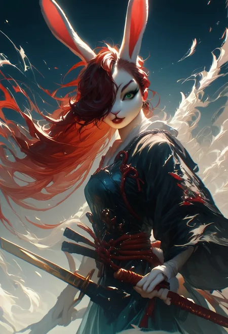 score_9, score_8_up, score_7_up, hkwarrior, Inkblast, A warrior holding a sword, realistic,1girl, red hair, long hair, hair over one eye, green eyes, lipstick, makeup, earrings,furry, solo, Cotton-Tail, rabbit, cub, rabbit tail, long rabbit ears