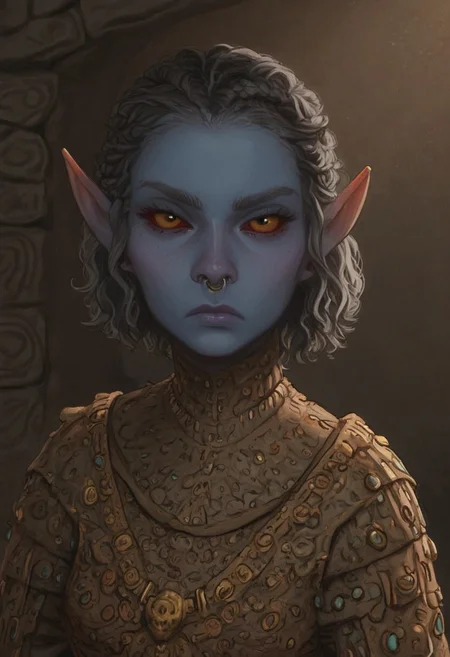 safe_pos, solo, short pointy ears, piercings, random elf face, aquiline features, female dark elf, brow rings, nose rings, beaded piercings, weathered skin, large nose, insect chitin armor, insect chitin helmet, insect chitin ornaments, stylized insect pattern, athletic build, animated realism, zoomed out, Syrian features, torso, brass pipes and gears, intricate architecture, dwarven masonry, dwemer fixtures, white-green light, gloomy lighting, ancient ruins, interior, stone tiled floor, grey-blue skin, mahogany and ivory clothes, medium armor, bone plate armor, ivory straps and fittings, alien bone ornaments, grey wood neckguard, red sclera, black pupils, blue-green light, neon, highly detailed, defined features, looking at viewer, three quarters view, from above, dynamic lighting, 19 years old, light and shadows, patterned cloth, annoyed expression, expressive eyes, detailed medieval clothes, medium_breasts, short hair, wavy hair, thick hair, beaded hair, braided hair, under cut hair, semirealistic, alien elf, spanish features, jewish features, white grey hair, dark red hair, umber skin, sharp features, pastel green inuit print cloak, nighttime, high detail, absurdres, pretty eyes, detailed eyes, yellow eyes,
