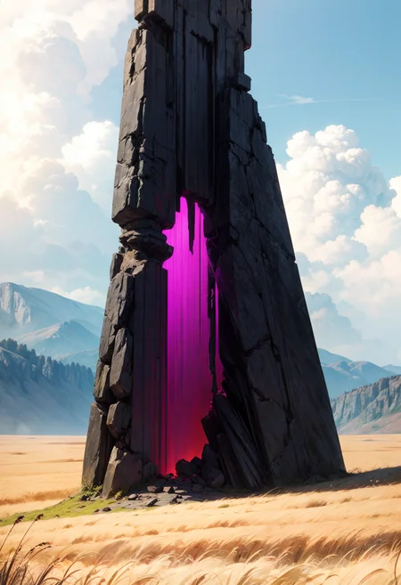 low-angle view,
empty endless golden wheat field, hills to the horizon,
sky, clouds, (wilderness:1.2),
colossal weathered monolith torn from ancient black stone towering above ground,
unreadable inscriptions cover monolith's surface, old remnant of long gone civilizations,
(eerie vibe, otherworldly presence, gateway to other places,:1.2)
crack-entrance leading to darkness, (cold gray and onyx hue:1.2),
BREAK,
MASTERPIECE, BEST QUALITY, HIGHLY-DETAILED, INTRICATE DETAILS,
HIGH-RES, 4K, SHARP FOCUS, SMOOTH SHADING,
<lora:detail tweaker 90 CA 15:1.2>, <lora:noiseOffset v2 epi 15:1>,